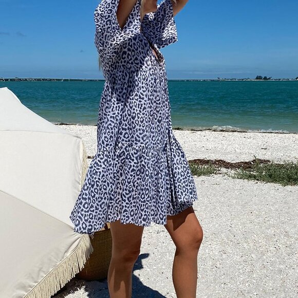 Emerson Fry ISLA MINI DRESS CHARCOAL LEOPARD ORGANIC COTTON size M/L Grey White - Picture 8 of 17